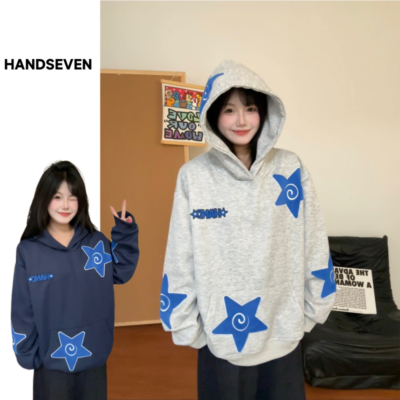 HandSeven潮牌星星毛巾贴布刺绣字母连帽卫衣秋冬季保暖宽松上衣