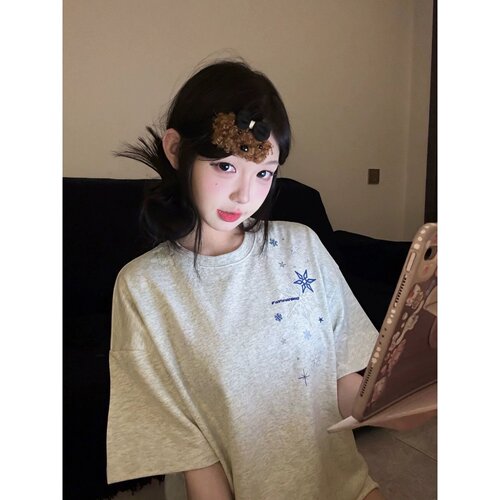 HandSeven美式高街雪花刺绣短袖T恤夏季新款宽松慵懒风圆领上衣