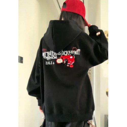 HandSeven美式高街小苹果刺绣连帽卫衣2025新款宽松休闲学生上衣