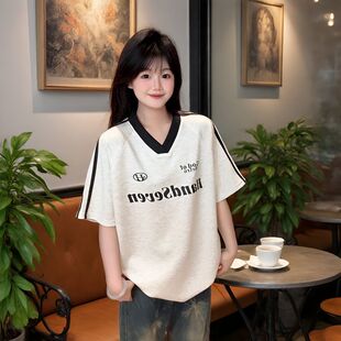 HANDSEVEN美式设计感撞色V领短袖t恤夏季潮牌学院风宽松半袖上衣