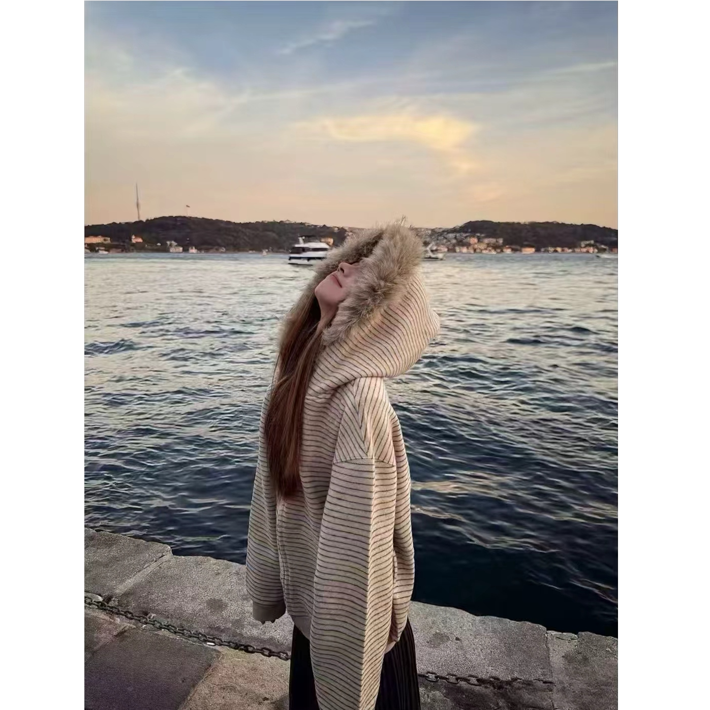 HandSeven美式复古条纹连帽卫衣外套女秋冬宽松毛领上衣拉链开衫