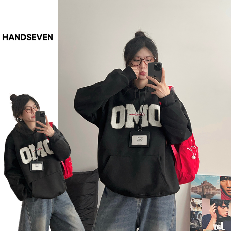 HandSeven韩版重磅街头字母刺绣新款冬季加厚刺绣长袖连帽卫衣