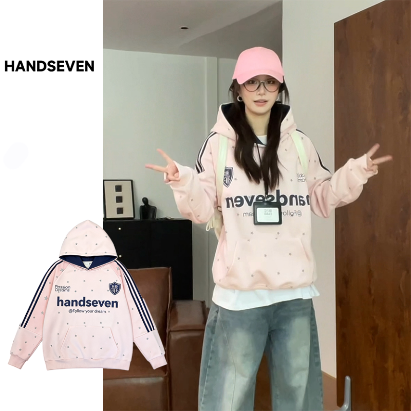 HandSeven韩系学院风秋冬季宽松条纹拼接印花字母连帽卫衣长袖zb