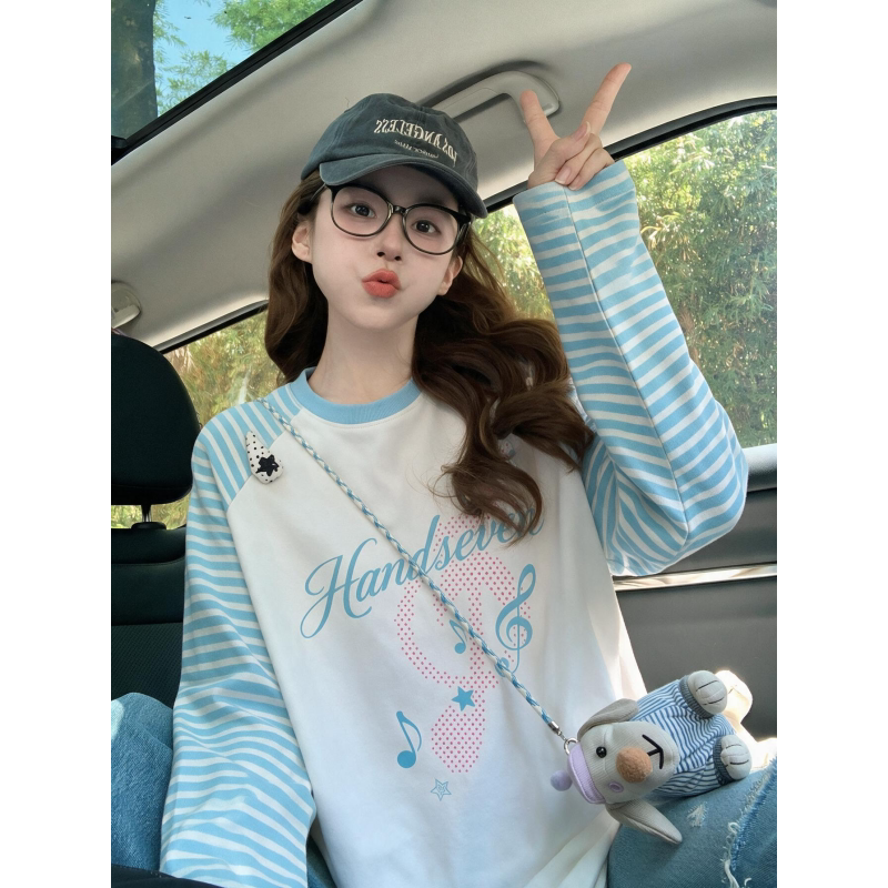 HandSeven春秋季宽松圆领撞色拼接天使翅膀印花长袖条纹T恤上衣服