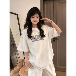 HandSeven美式高街星星满印字母贴布刺绣夏季短袖休闲圆领t恤上衣