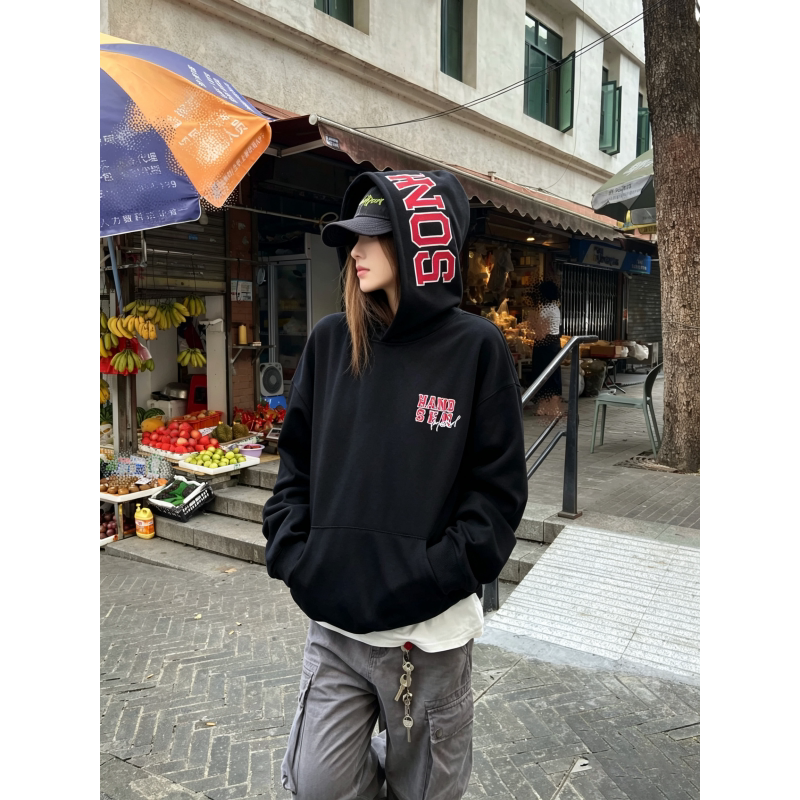 HandSeven美式高街秋冬季字母贴布刺绣连帽卫衣宽松男女情侣上衣