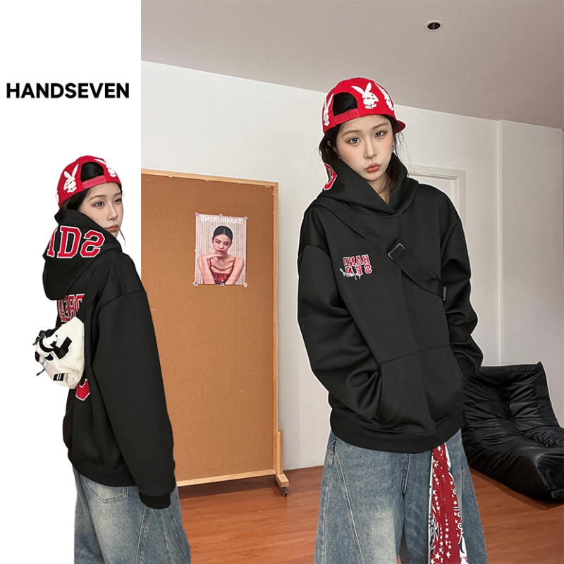 HandSeven国风秋冬季字母贴布刺绣连帽卫衣高街宽松男女情侣上衣