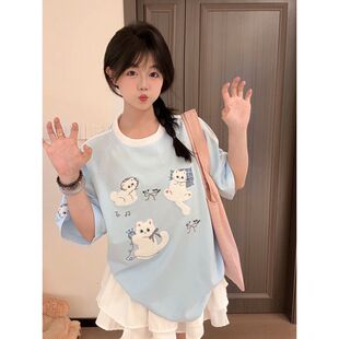 HANDSEVEN甜美重工刺绣可爱猫咪t恤短袖韩系穿搭百搭减龄半袖上衣