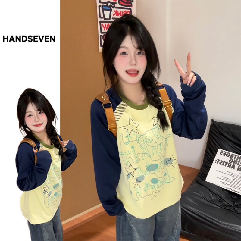HandSeven韩版秋冬撞色趣味卡通小狗印花长袖t恤拼接休闲情侣上衣