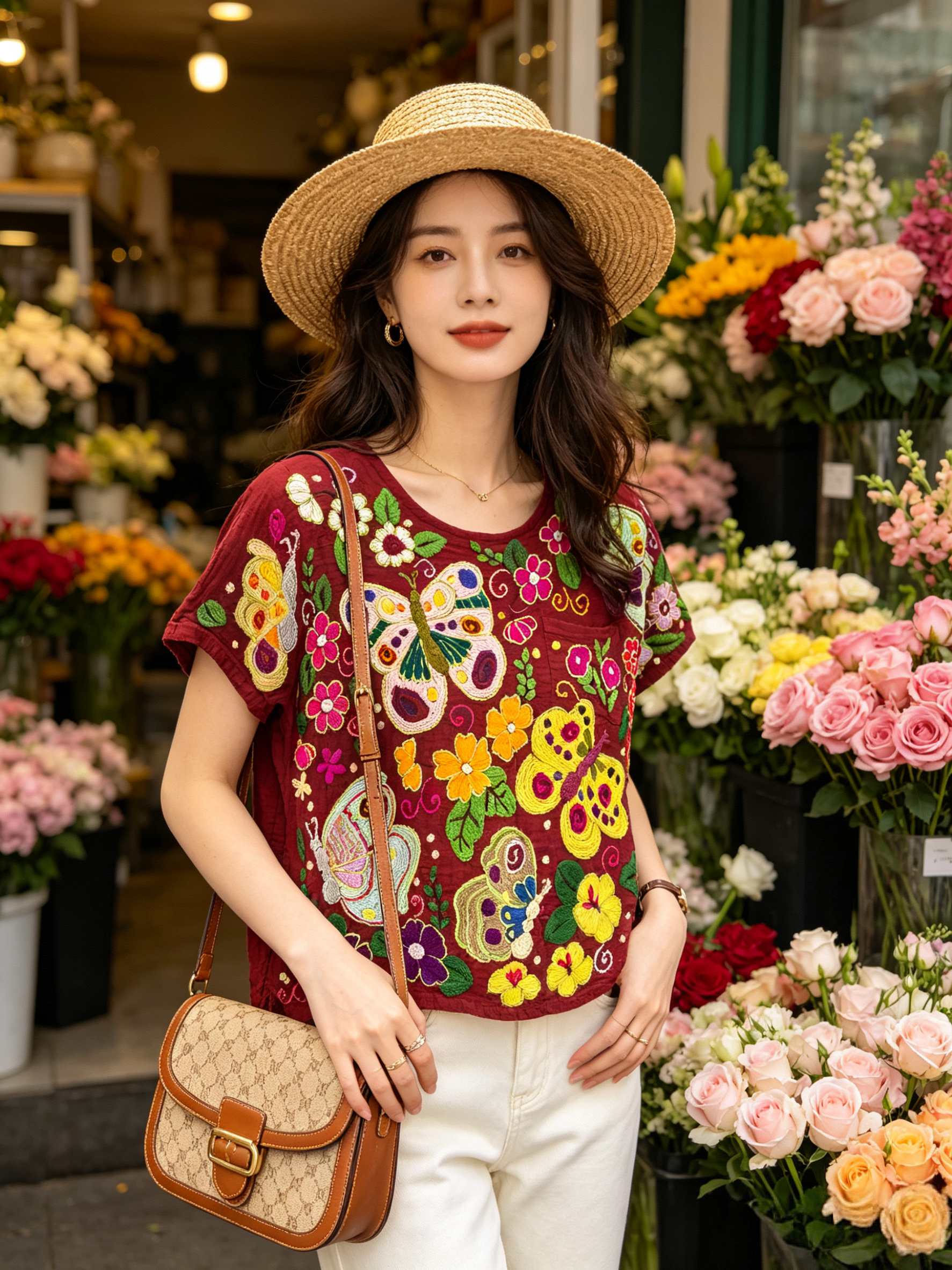 泰国手工重工刺绣T女夏季复古蝴蝶花卉宽松棉麻肌理感度假风上衣
