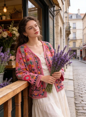 夏萨珑！suzani印度进口法式小众26秋冬特色刺绣花枝纯棉孔雀外套