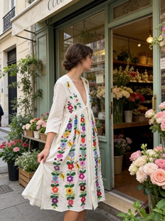 夏萨珑 乡村 花仙子清迈棉手工刺绣度假风波西米亚连衣裙 法式