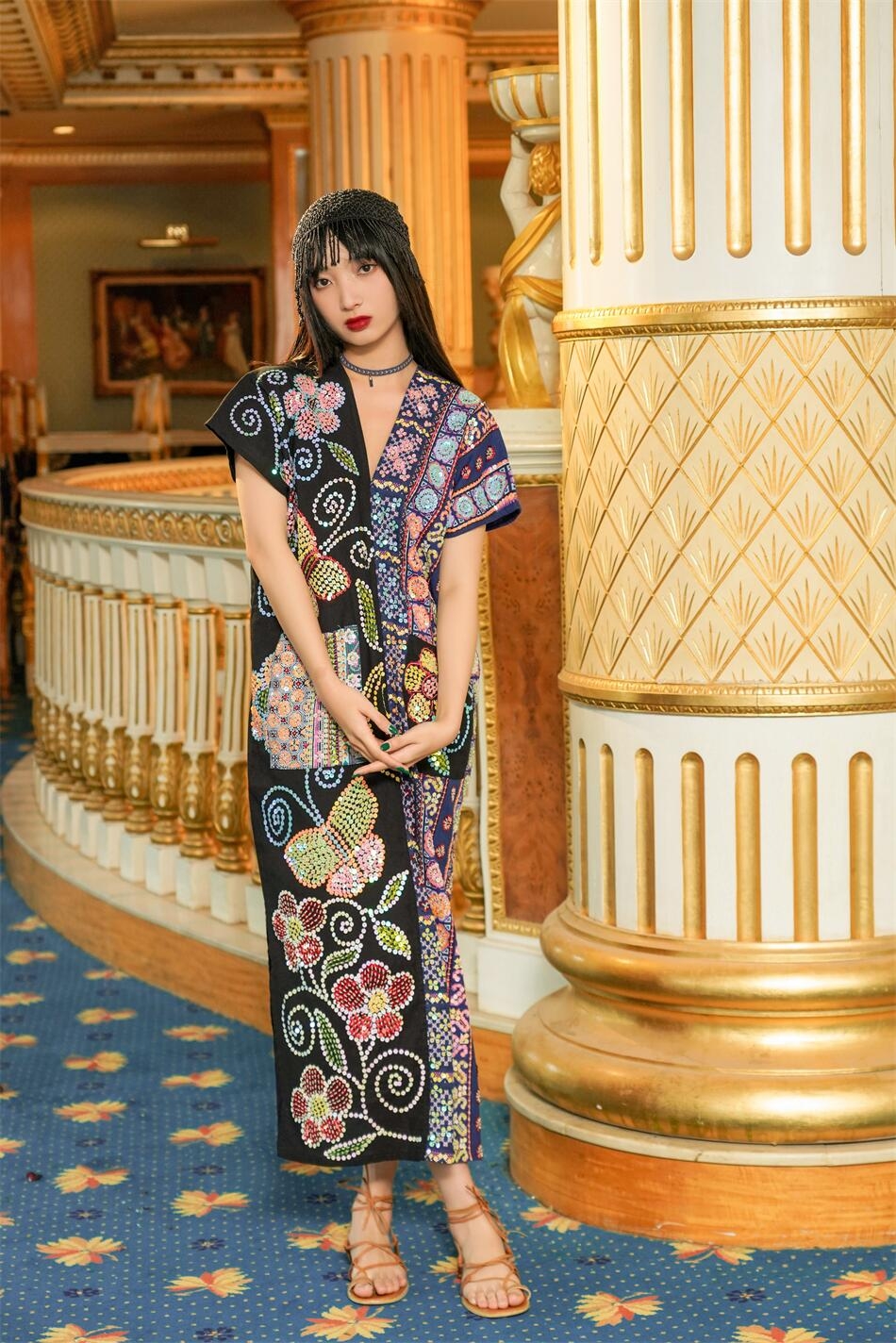 夏萨珑！摩洛哥印度埃及尼泊尔阿拉伯纯手工钉珠仙女短袖连衣裙