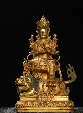 大号文殊菩萨纯黄铜器鎏金家居用佛堂供奉装饰工艺品桌面复古摆件