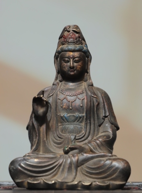 坐南海观世音菩萨佛像摆件纯黄铜器雕家居用佛堂供奉装饰桌面摆件