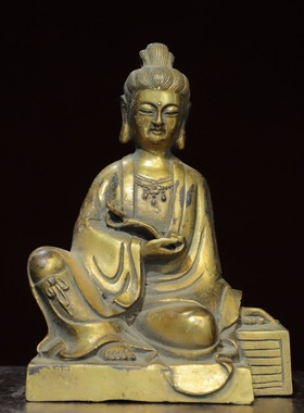 藏传式密宗纯黄铜手工坐南海观世音菩萨佛像婆娑三圣摆件家用供奉