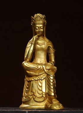 铜器鎏金宝冠自在思维菩萨像藏传睡佛堂仿古家居供奉桌面装饰摆件