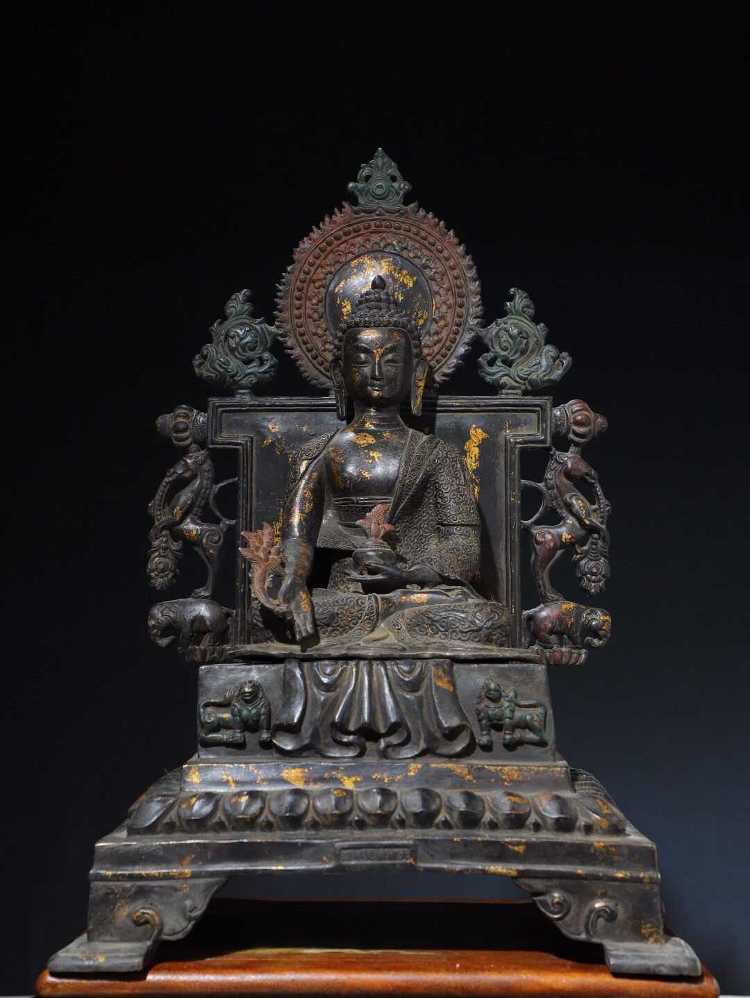 药师佛带背光复古纯黄器雕拓金家居用佛堂供奉装饰工艺品桌面摆件