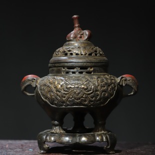 象盖熏香炉黄铜仿紫铜炼丹炉影视道具家居佛堂象腿香薰炉复古摆件