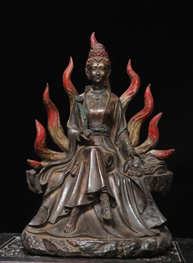 纯黄铜器九尾狐铜像九尾娘娘青丘女神居家复古工艺品桌面摆件装饰