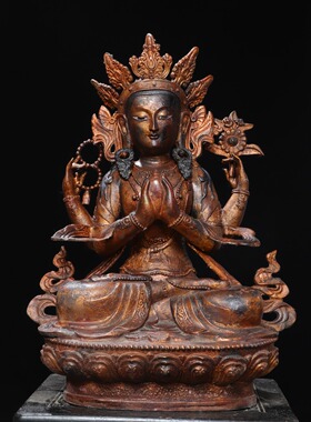 大号纯铜四臂观音菩萨神佛像寺庙佛堂供奉装饰工艺品藏传复古摆件
