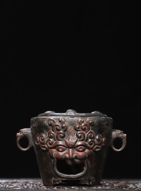 古董古玩纯黄铜器雕双耳兽头煮茶炉炭火炉温酒炉中式古典案头摆件