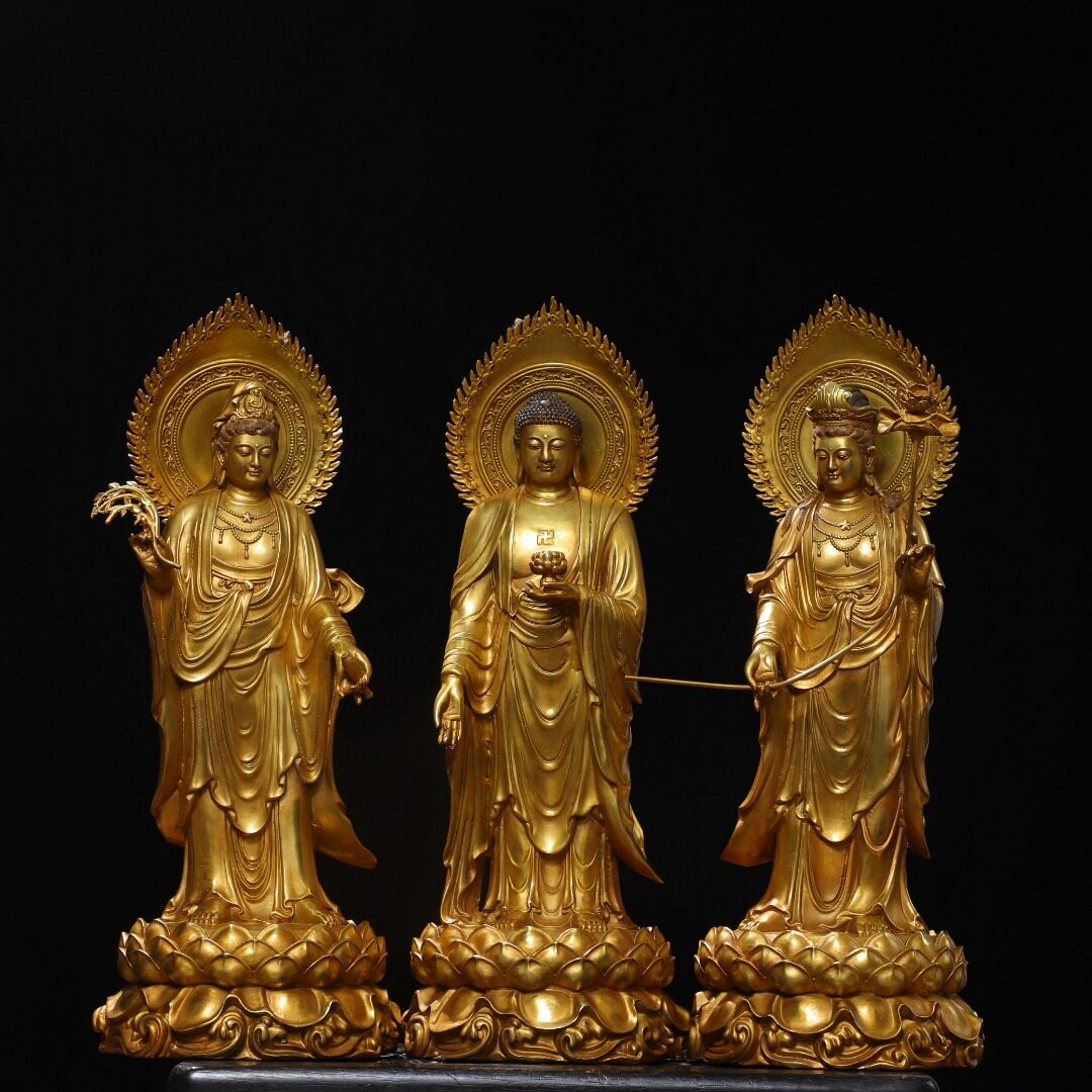 西方三圣黄铜鎏金观音大势至菩萨阿弥陀佛家居佛堂供佛装饰品摆件