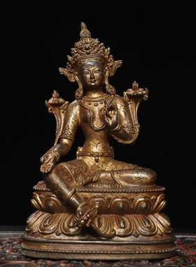 绿度母纯铜室内家用全泥金手工多罗观音菩萨藏传密宗佛像供奉摆件