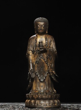 阿弥陀佛站像仿古纯黄铜器雕拓金释迦牟尼家居用佛堂供佛装饰摆件