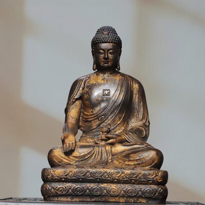 阿弥陀佛黄铜拓金泥金释迦牟尼佛家居佛堂供佛桌面装饰品复古摆件