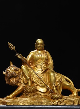 纯铜鎏九华山金地藏王菩萨带坐骑谛听地葬王佛像供奉家用佛堂摆件