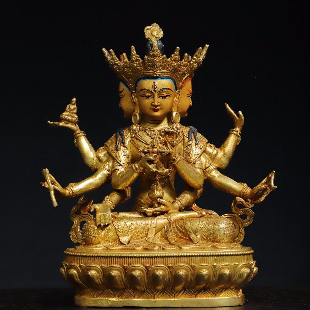 尼泊尔藏传尊胜佛母纯铜佛像西藏供奉鎏金三面八臂像摆件长寿三尊