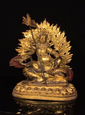 尼泊尔纯铜鎏金财宝天王财神佛像家用佛堂供奉装饰毗沙门天王摆件