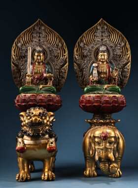 文殊普贤菩萨神佛像藏传密宗纯铜复古家居里用佛堂供奉装饰品摆件