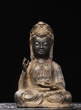 南海观世音菩萨佛像纯铜拓金仿古铜器家居佛堂供佛桌面装饰品摆件