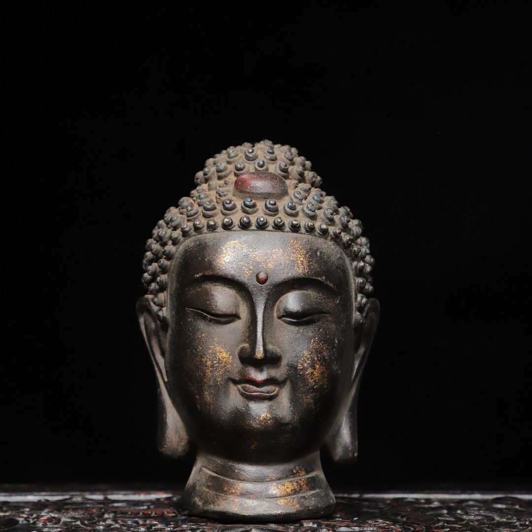 释迦牟尼佛头纯黄铜器仿古佛首客厅佛堂供奉装饰品工艺品桌面摆件