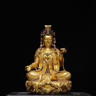 纯紫铜鎏真金南海观世音菩萨仿古铜器家居佛堂供佛桌面装 饰品摆件