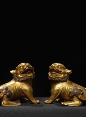 纯黄铜狮子一对摆件仿古铜器家居客厅装饰品办公室桌面工艺品摆设