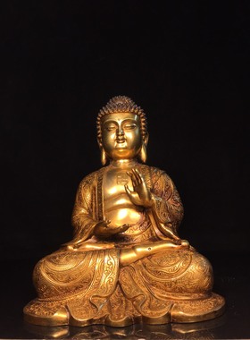 阿弥陀佛黄铜鎏金佛像释迦牟尼铜像客厅佛堂供佛桌面装饰复古摆件
