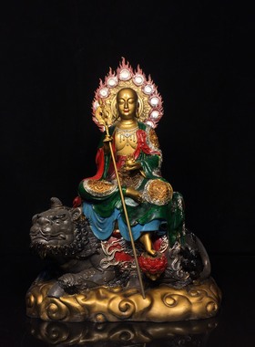 地藏王菩萨黄铜彩绘坐谛听地藏佛像家居佛堂供佛桌面装饰复古摆件