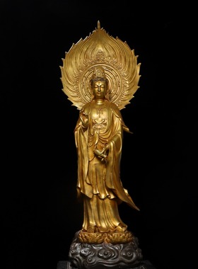 大号纯铜西方三圣南海观世音菩萨站像居家佛堂供养鎏金站莲花净瓶