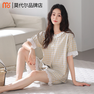 纯棉短袖 薄款 梭织棉纱布睡衣女夏季 短裤 家居服 夏天女款 可外穿夏款