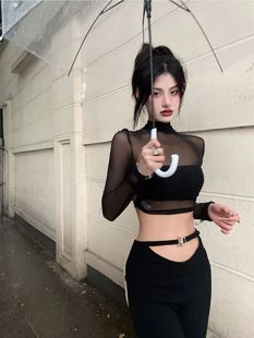 潮流遮肉直播紧身甜美舞蹈辣妹网纱衣女 露背网红名媛性感上衣新款