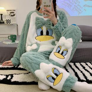 秋冬家居服 珊瑚绒绿色鸭长袖 睡衣女冬季 法兰绒加厚加绒2025年新款