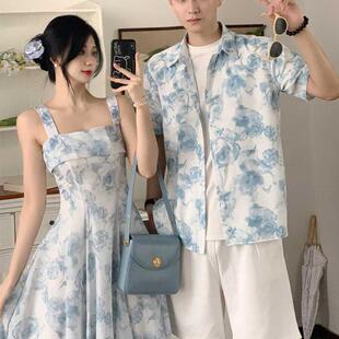 夏季 度假风法式 2024韩版 衬衫 连衣裙一裙一衣 短袖 小众设计感情侣装