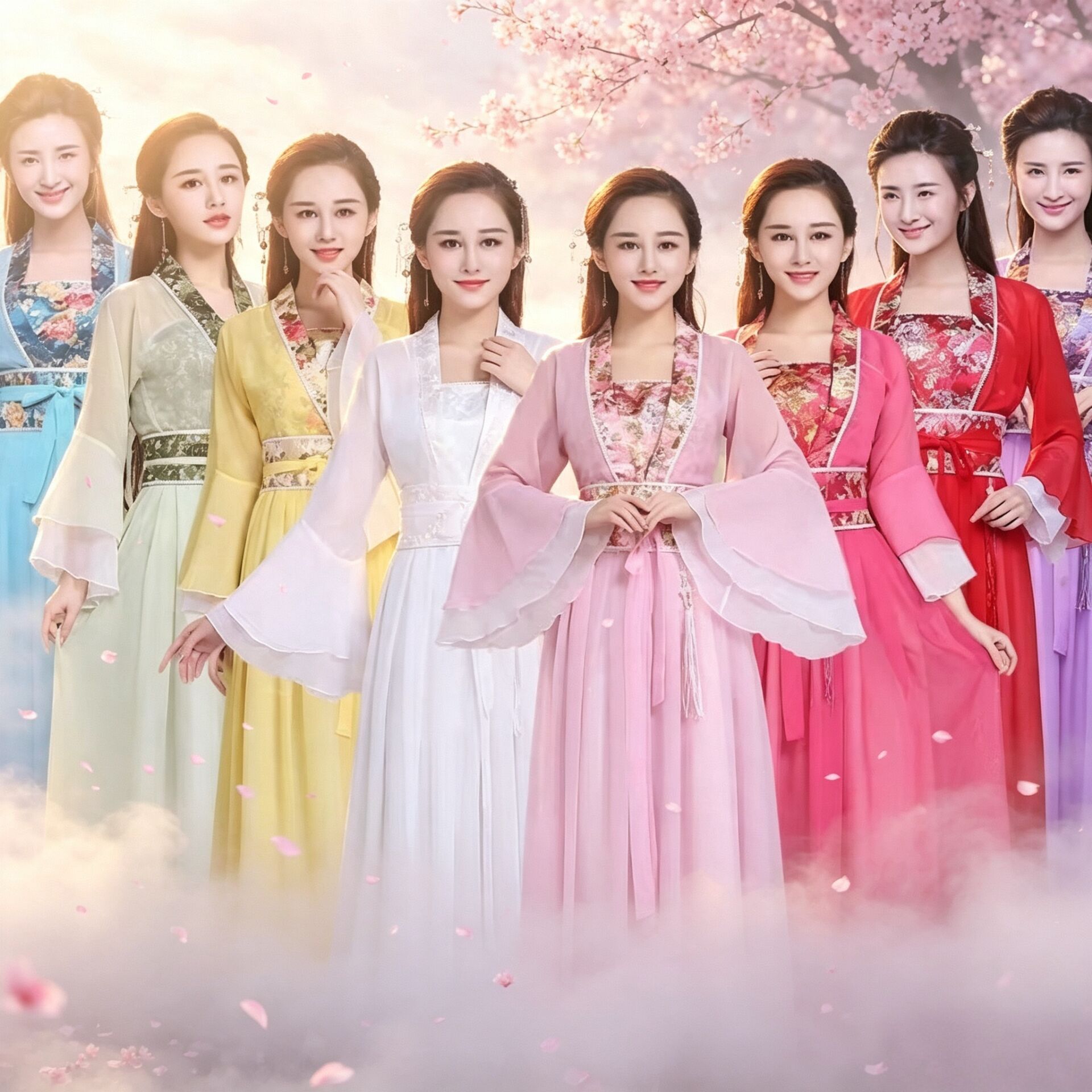 新款古装服装唐装汉服古代新贵妃古筝演出服七仙女舞台雪纺裙公主