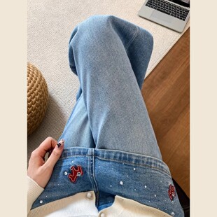 蓝色小马刺绣重工烫钻高腰直筒牛仔裤女夏设计感版型超好看的裤子