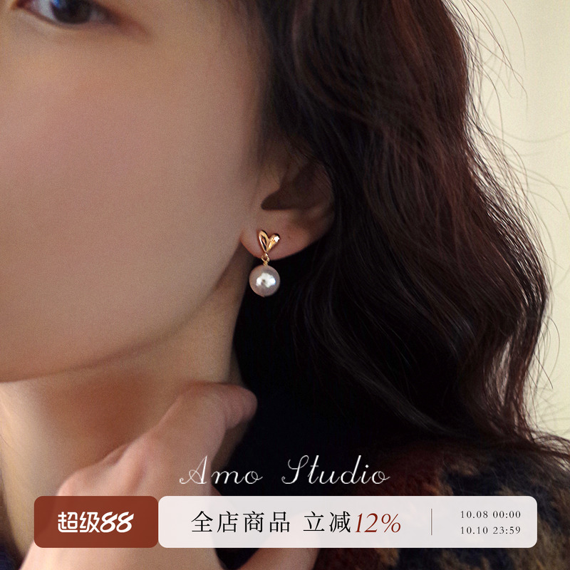 AMO爱心人造珍珠耳环女甜美温柔