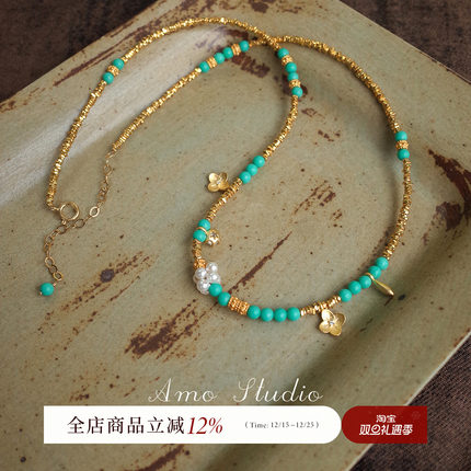 AMO生如夏花原创珠宝蓝色串珠项链女高级感碎银子新中式毛衣链