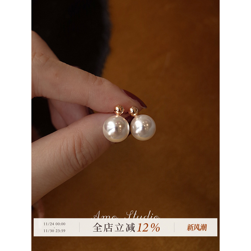 AMO人造珍珠金珠耳环女纯银气质